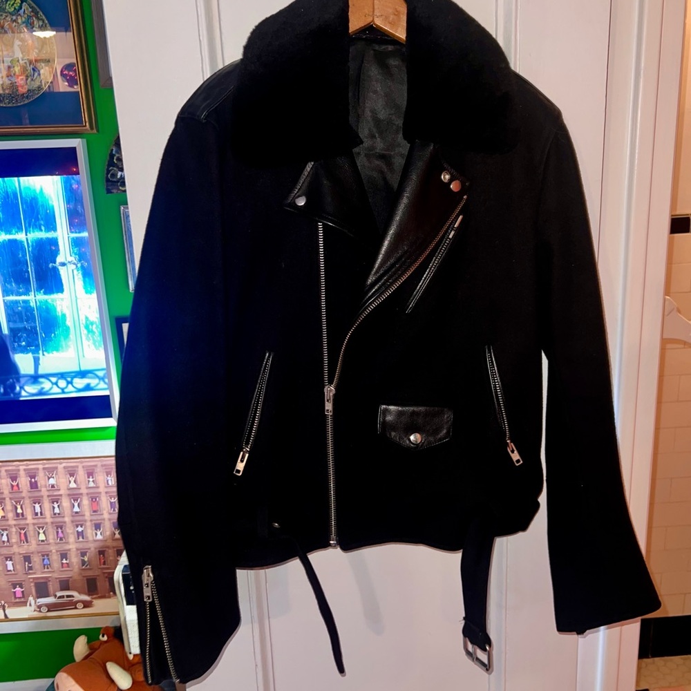 Black Sandro Paris Leather/Wool Mens Jacket